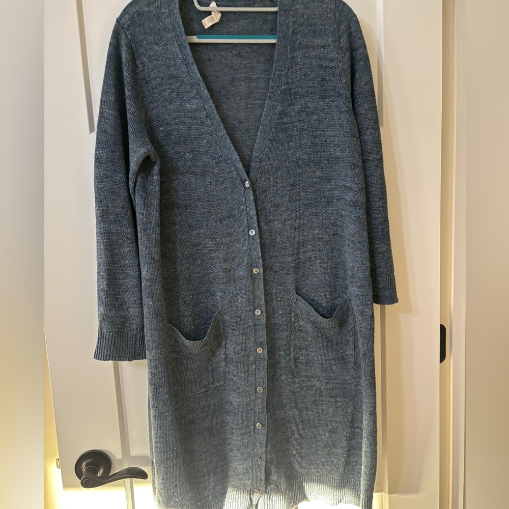 Eileen Fisher 100% Organic Linen Long Cardigab blue Speckled Womens M